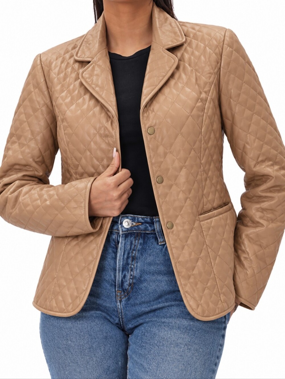Jones New York Tan Quilted Women Leather Capsule Minimalist Jacket Blazer M